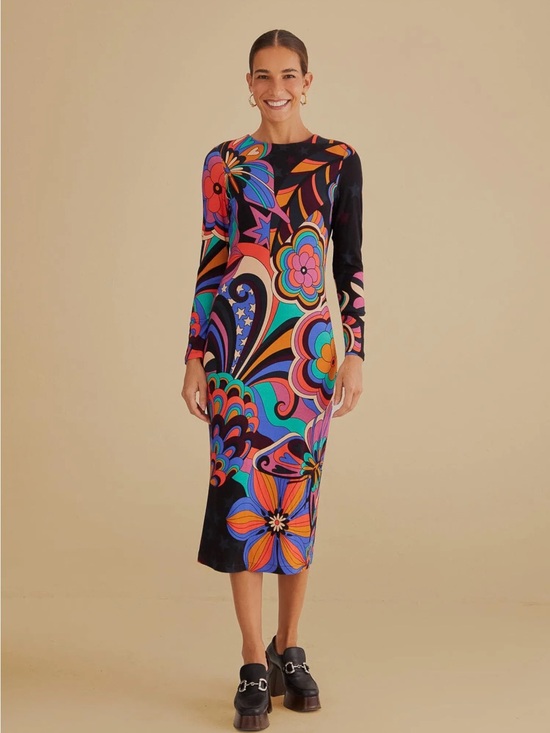 FARM Rio Dresses & Skirts - Farm Rio 70s Vibe Midi Dress Vibrant Multicolor Floral Pattern